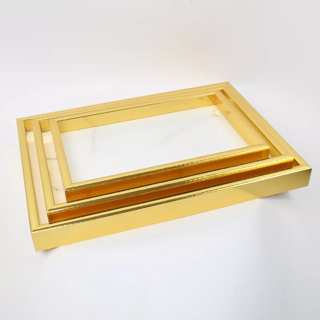 wooden gold rectangular tray set, 3-piece marble texture trays, large medium small serving trays, decorative wooden tray set, luxury nesting trays