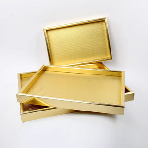 wooden gold rectangular tray set, large medium small serving trays, nesting wooden trays, decorative gold tray set, luxury serving trays