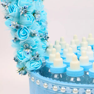 Sweet Cradle Candy Display blue basket, baby shower candy basket décor, blue baby cradle basket with foam flowers, newborn candy display