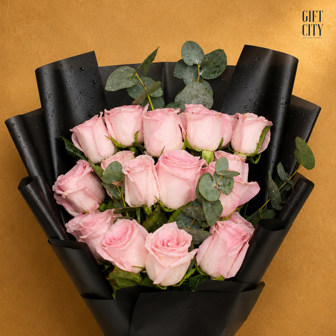 Silent Sentiment Bouquet | Luxury Pink Roses in Elegant Black Wrap