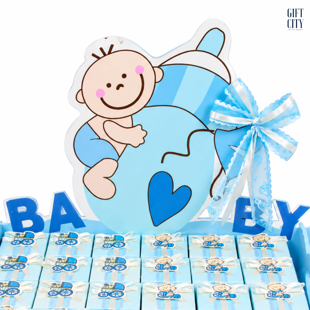 Blue Wooden “BABY” Chocolate Gift Tray – 24 Chocolate Favors for Baby Boy Welcoming Celebrations