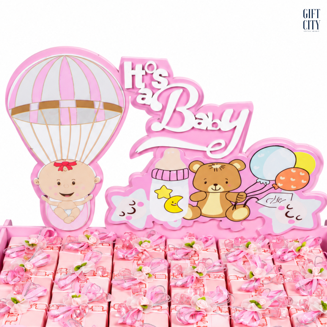 It's a Baby Girl Pink Wooden Gift Tray with 24 Decorated Chocolate Favors – Newborn Celebration Gift Set