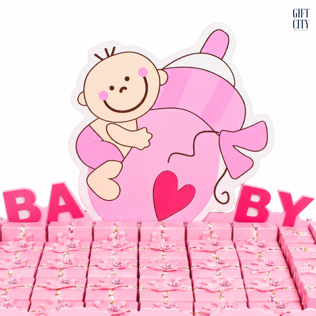 Pink Wooden “BABY” Chocolate Gift Tray – 34 Pieces for Baby Boy Welcoming Favors