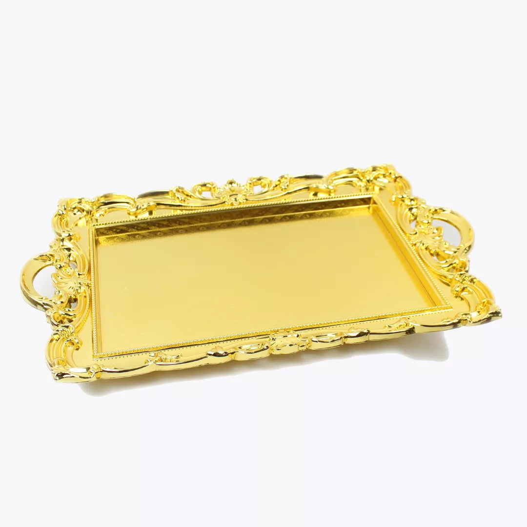 decorative gold plastic serving tray, ornate gold tray with handles, elegant serving tray gold color, plastic gold tray 42x30 cm, gold ornate decorative tray