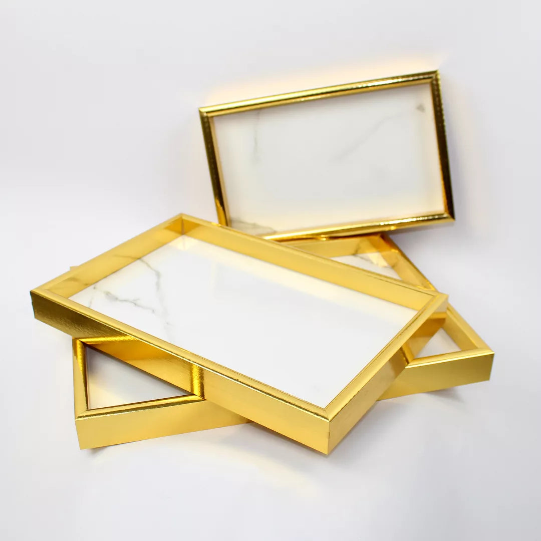 wooden gold rectangular tray set, 3-piece marble texture trays, large medium small serving trays, decorative wooden tray set, luxury nesting trays