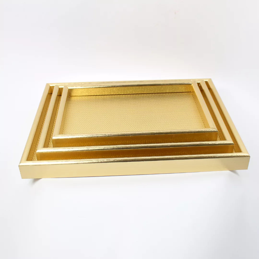 wooden gold rectangular tray set, large medium small serving trays, nesting wooden trays, decorative gold tray set, luxury serving trays