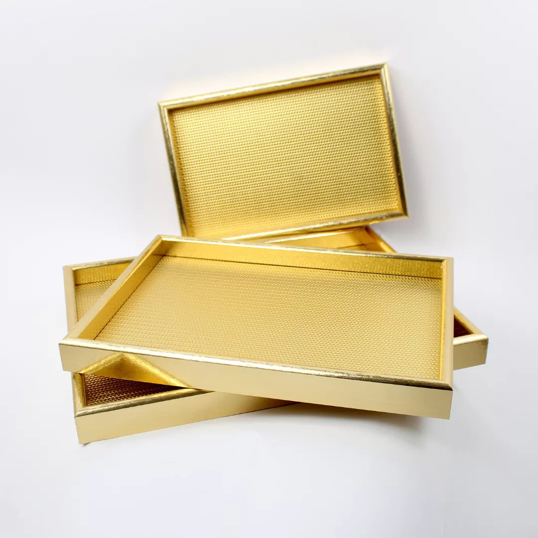 wooden gold rectangular tray set, large medium small serving trays, nesting wooden trays, decorative gold tray set, luxury serving trays