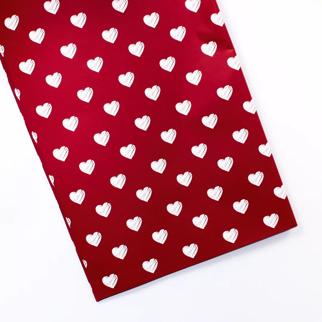 Valentine white hearts red pattern wrapping paper, plastic bouquet wrap Valentine, romantic floral wrapping sheet, waterproof gift wrap hearts, Valentine flower packaging