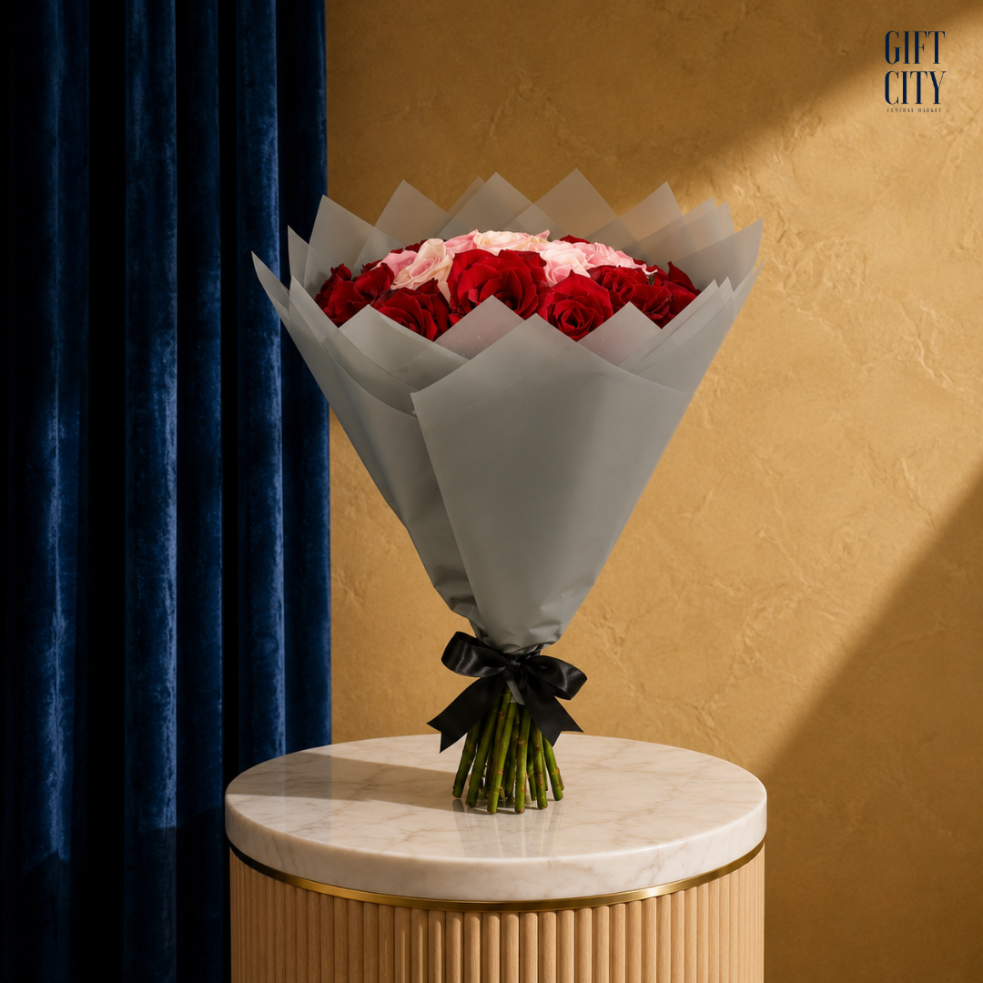 The Crimson Halo | Two-Tone Red & Pink Rose Bouquet