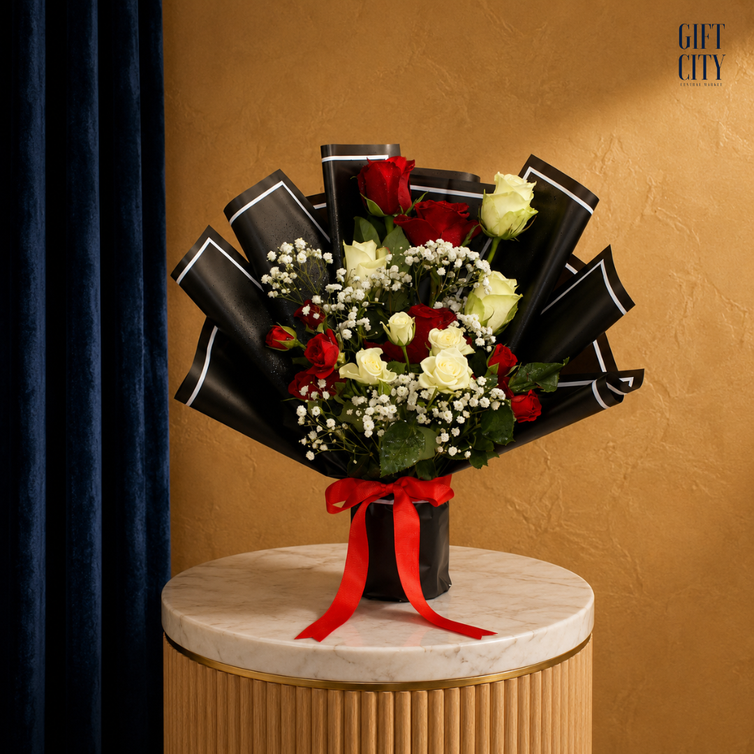 Crimson & Pearl | Red & White Rose Bouquet