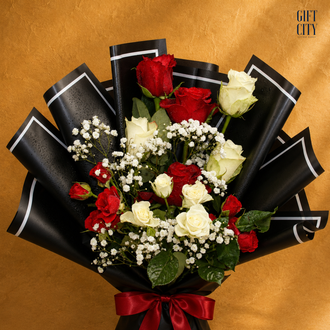 Crimson & Pearl | Red & White Rose Bouquet