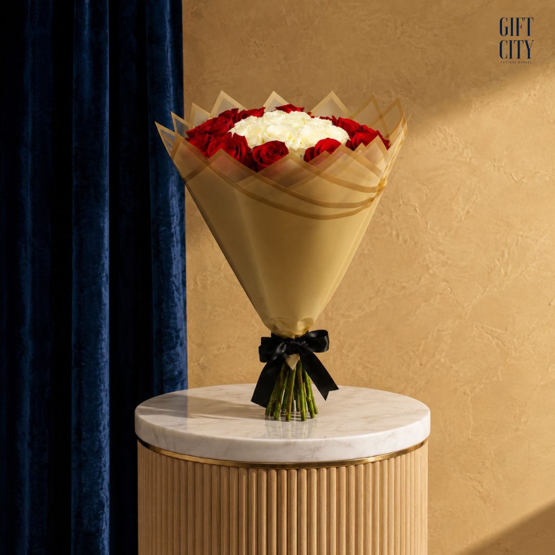 The Gilded Crown | White & Red Rose Halo Bouquet