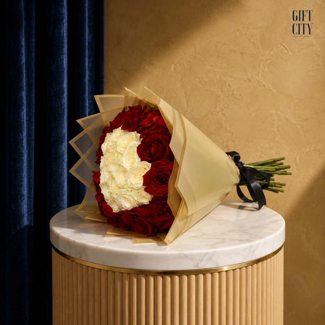 The Gilded Crown | White & Red Rose Halo Bouquet