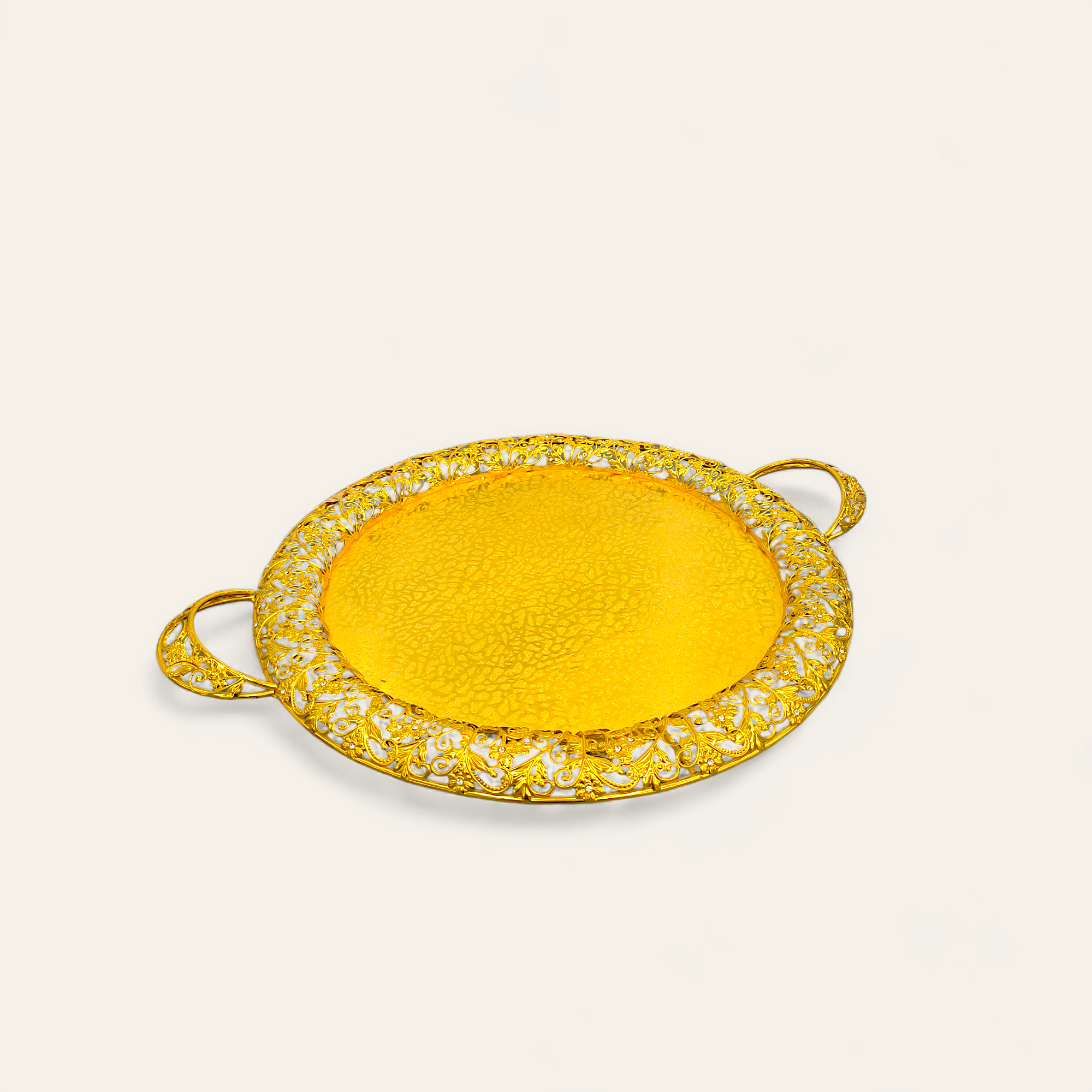 Steel Serving Round Tray Gold Design with Handle 52 cm | Elegant and Durable