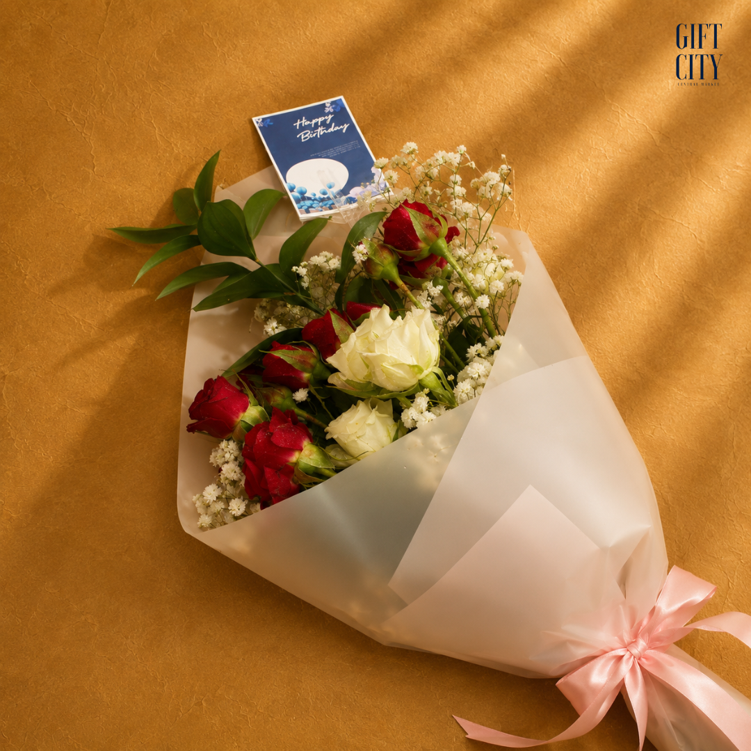 The Birthday Wishes | Frosted Red & White Rose Bouquet