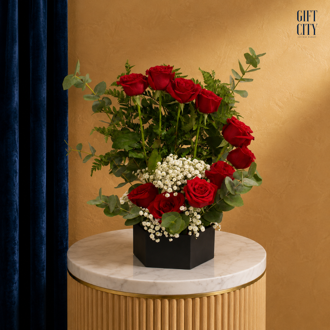 The Velvet Onyx  Premium Red Rose Box Arrangement