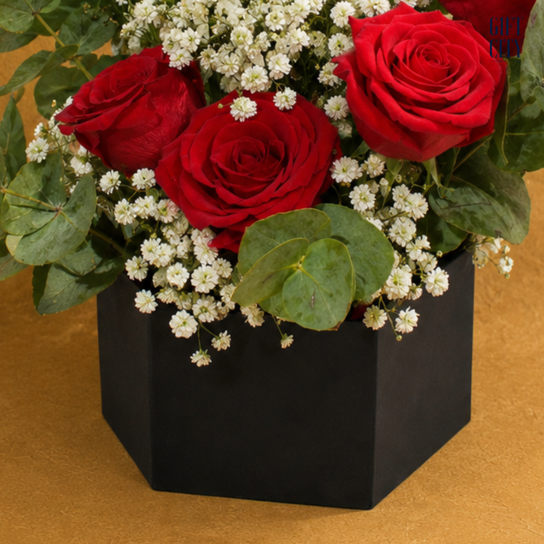 The Velvet Onyx  Premium Red Rose Box Arrangement