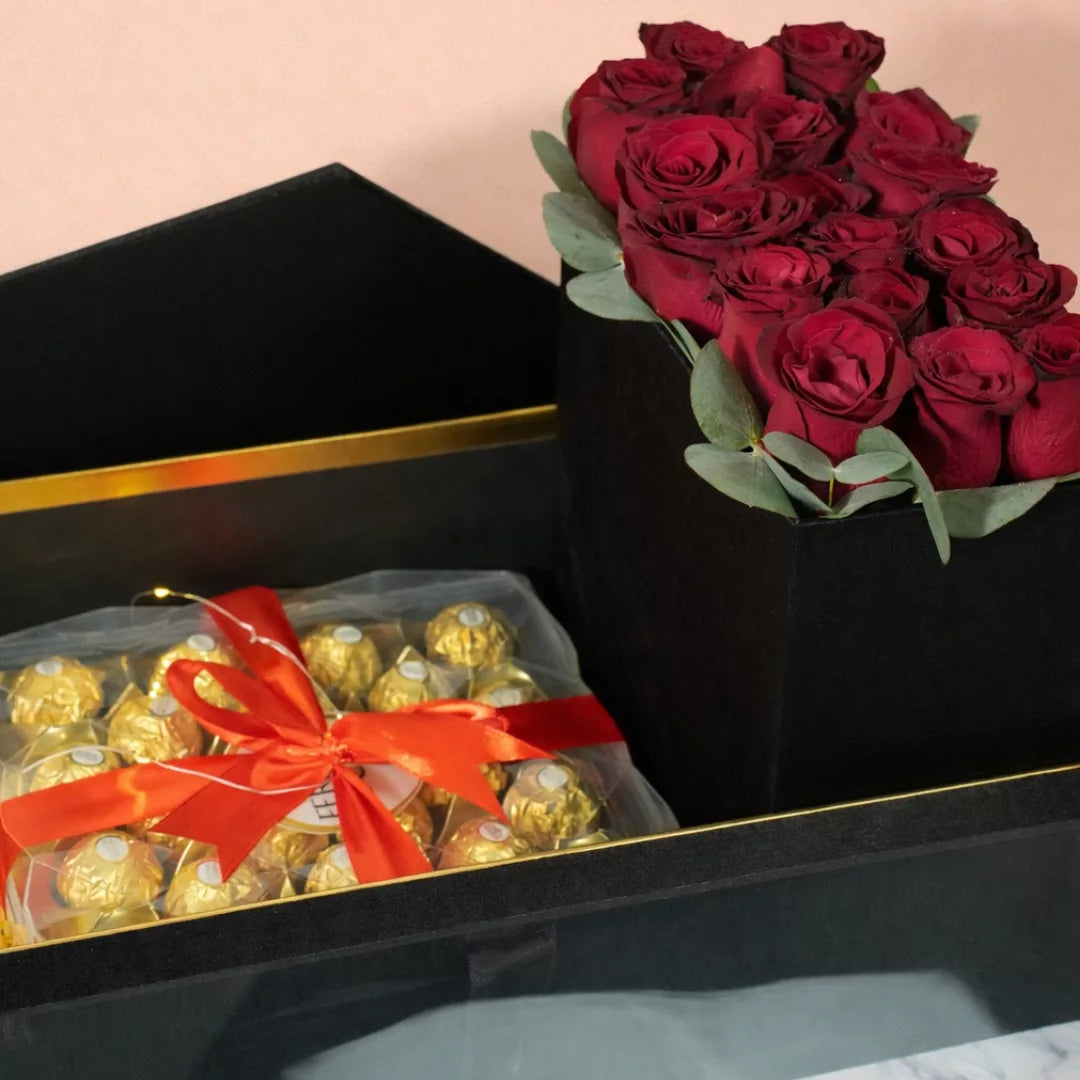 pink teddy Valentine’s Day gift box Valentine’s Day flower and chocolate hamper romantic pink teddy and flower gift pink teddy chocolate flower surprise box