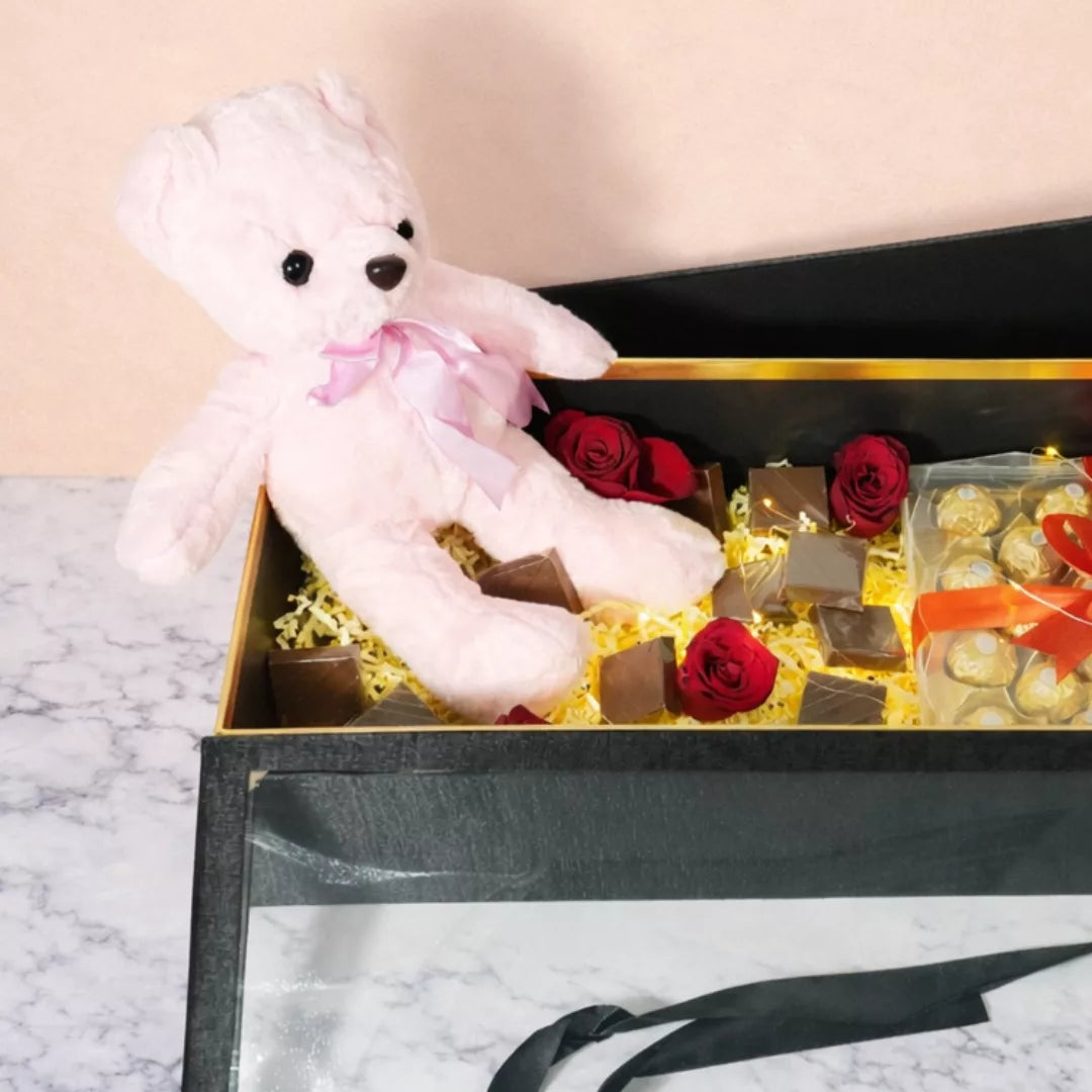 pink teddy Valentine’s Day gift box Valentine’s Day flower and chocolate hamper romantic pink teddy and flower gift pink teddy chocolate flower surprise box
