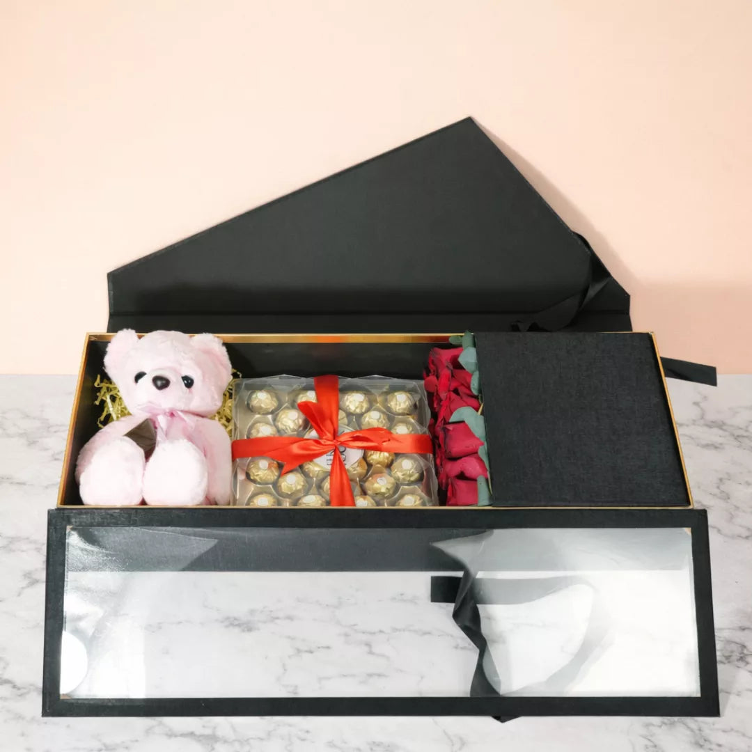 pink teddy Valentine’s Day gift box Valentine’s Day flower and chocolate hamper romantic pink teddy and flower gift pink teddy chocolate flower surprise box