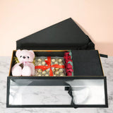 pink teddy Valentine’s Day gift box Valentine’s Day flower and chocolate hamper romantic pink teddy and flower gift pink teddy chocolate flower surprise box