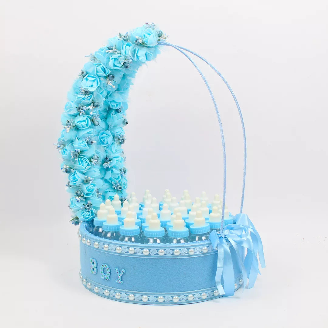 Sweet Cradle Candy Display blue basket, baby shower candy basket décor, blue baby cradle basket with foam flowers, newborn candy display
