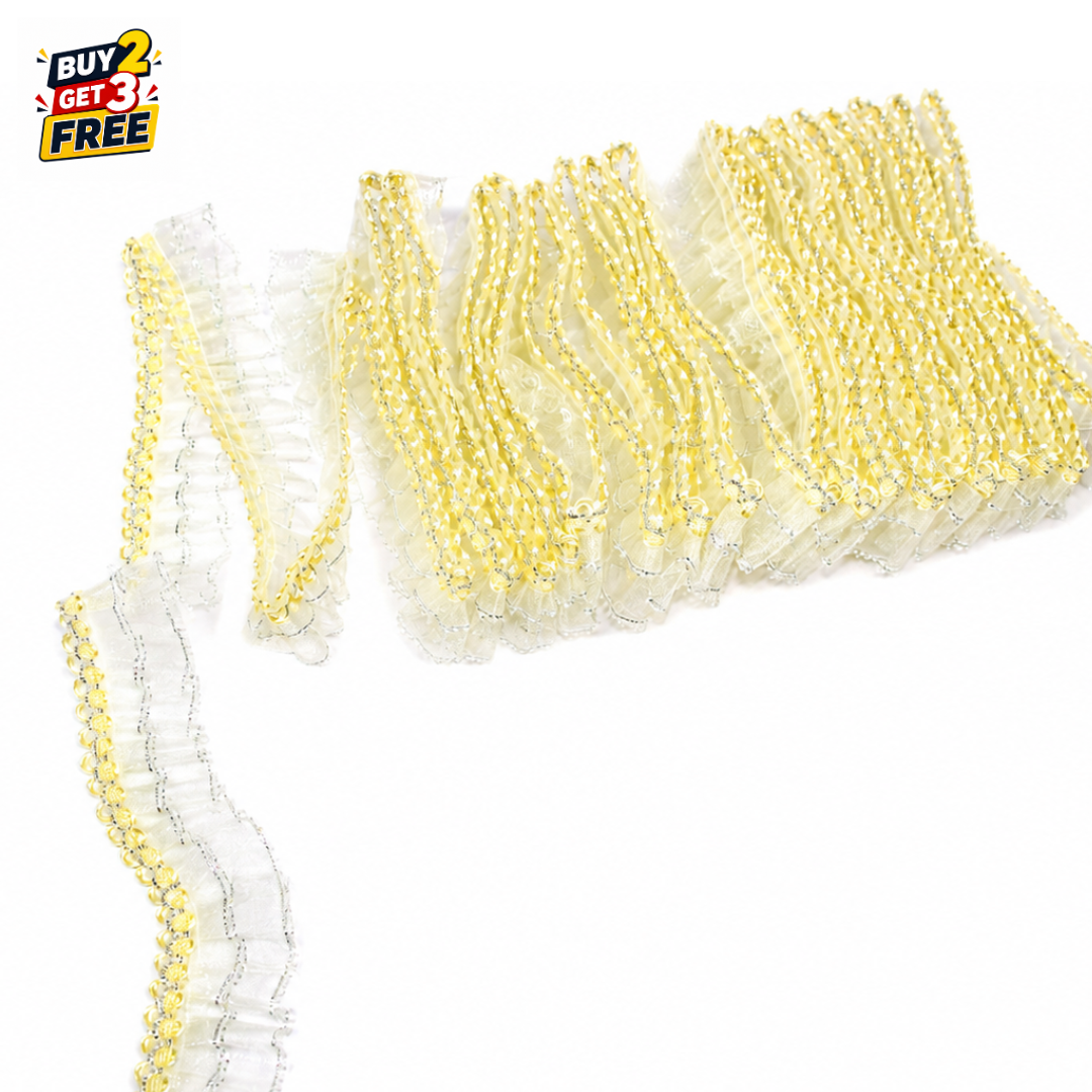 Pleated Organza Ruffled Lace Trim with Metallic Silver Edge Accent – 15 Yard