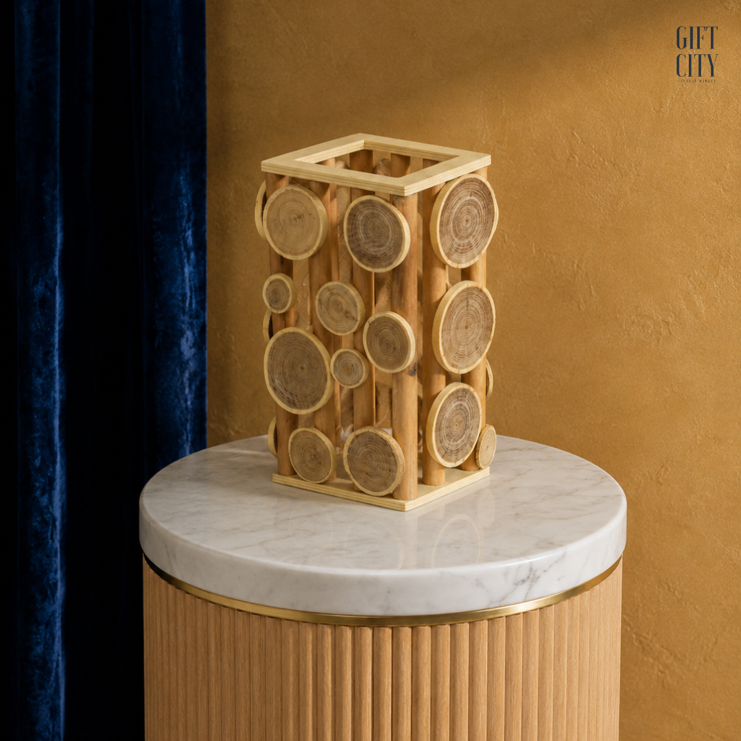 Rustic Pine Wood Log Slice Candle Lantern 14 x 11 x 24 cm