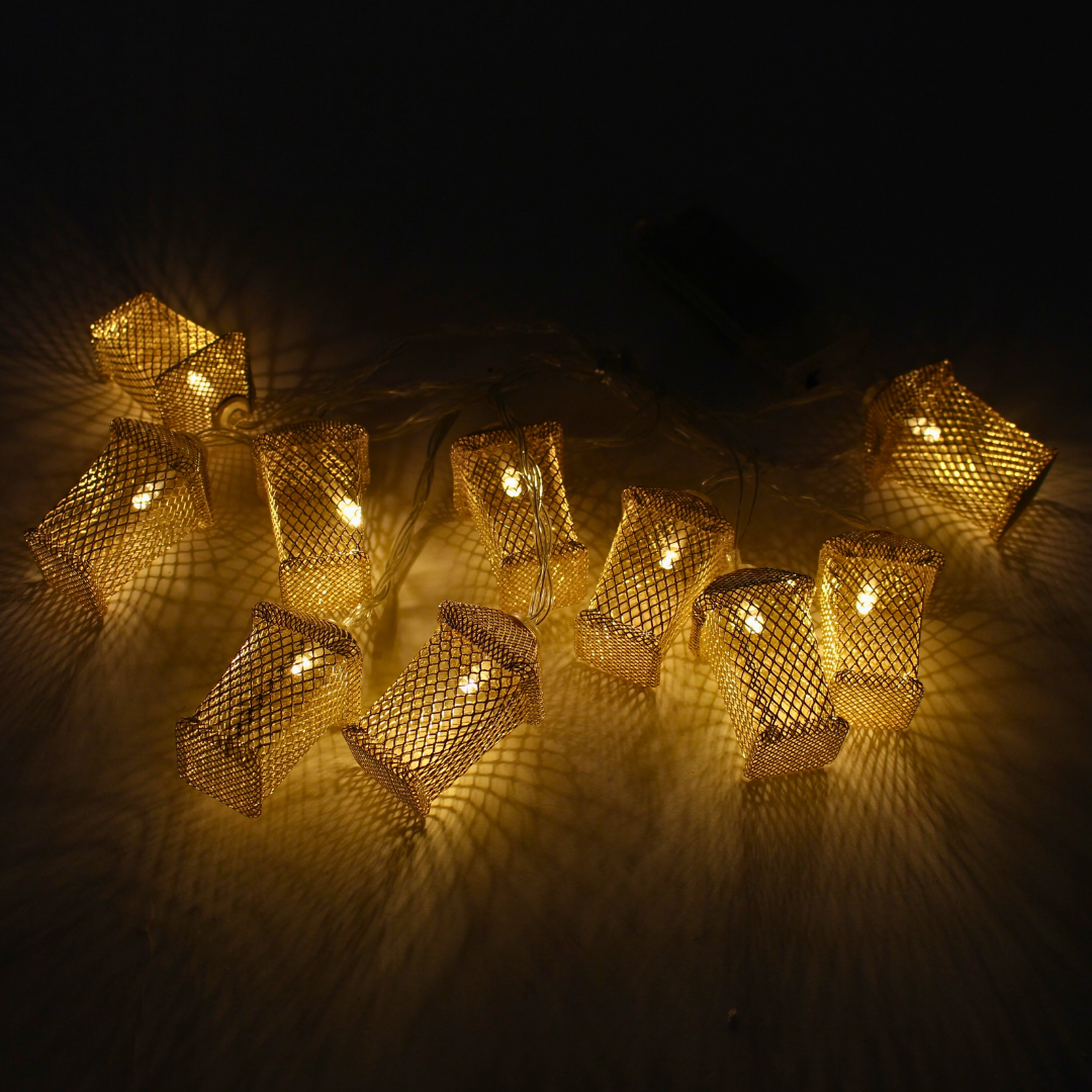 Golden Metal Small Lantern Shaped Battery Light – 2 Metres | Ramadan & Festive Décor(without battery)