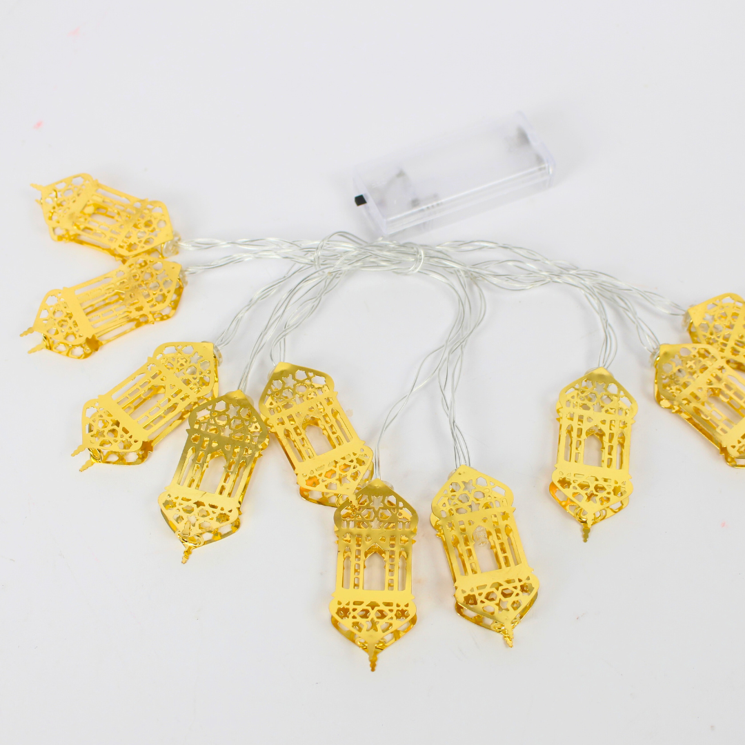 Golden Metal Small Lantern Shaped Battery Light – 2 Metres | Ramadan & Festive Décor(without battery)