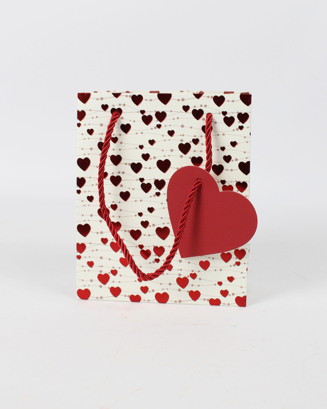Heart Printed Paper Bag with Red Heart Tag | Mini Gift Bags – 12pcs Pack