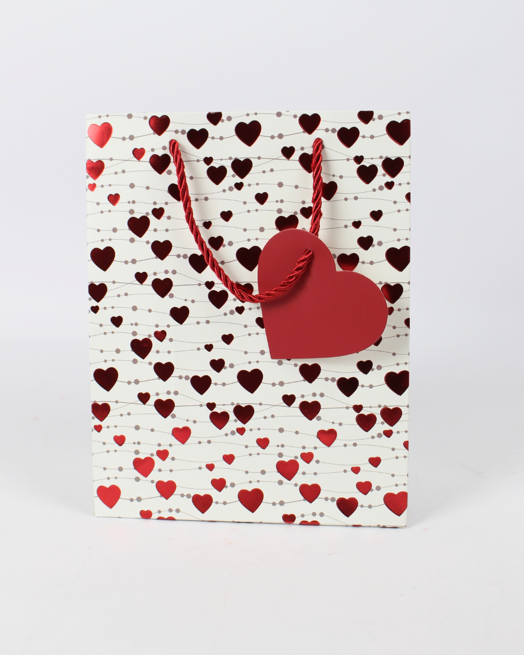 Heart Printed Paper Bag with Red Heart Tag | Small Gift Bags – 12pcs