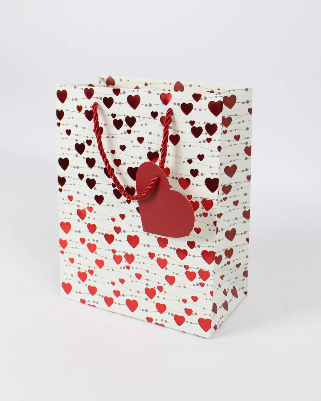 Heart Printed Paper Bag with Red Heart Tag | Small Gift Bags – 12pcs