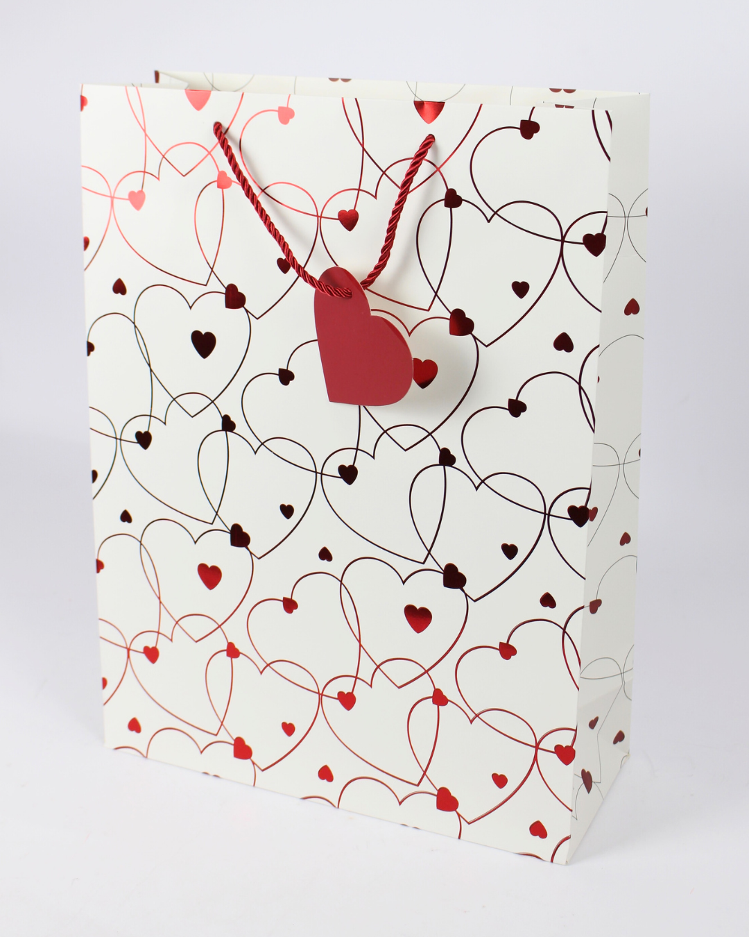 Heart Printed Paper Bag with Red Heart Tag | Large Gift Bags – 12pcs Pack