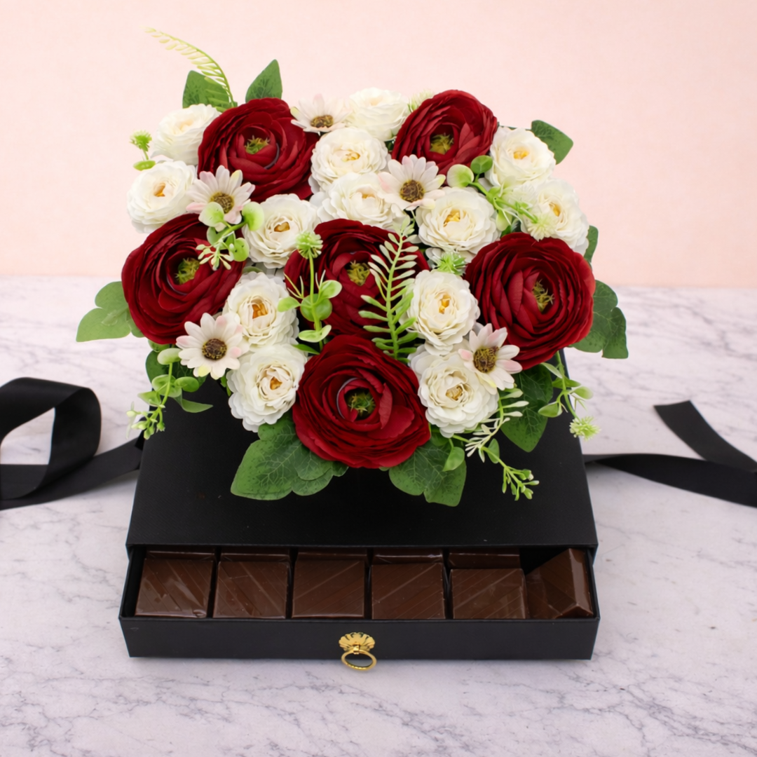 Heart-Shaped Artificial Flower Box with Chocolate Drawer | Gift Box