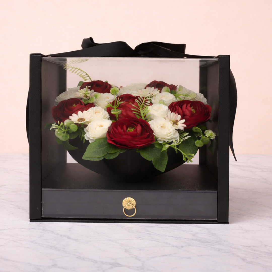 Heart-Shaped Artificial Flower Box with Chocolate Drawer | Gift Box