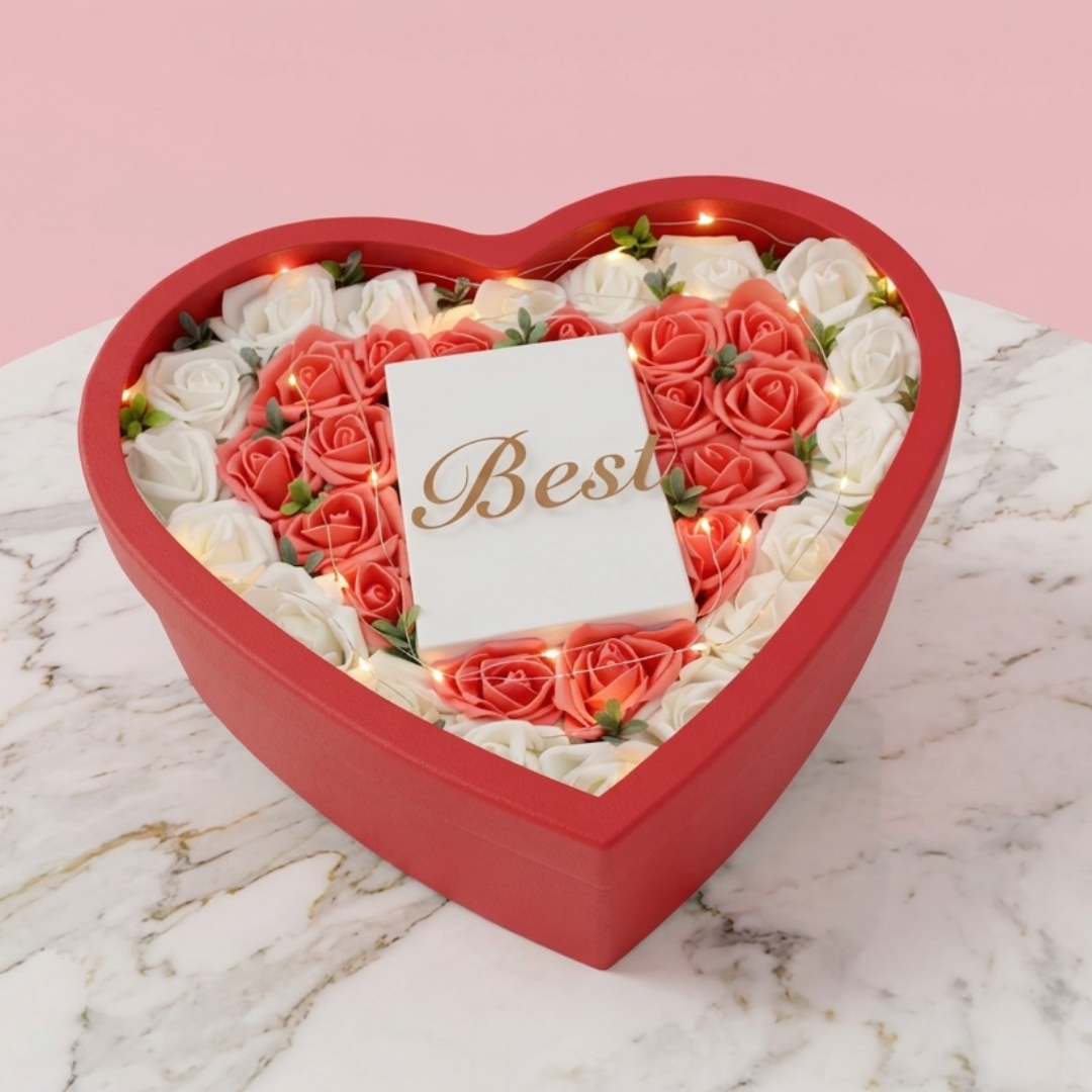 Heart-Shaped Rose Gift Box with LED Lights | Romantic Flower Gift