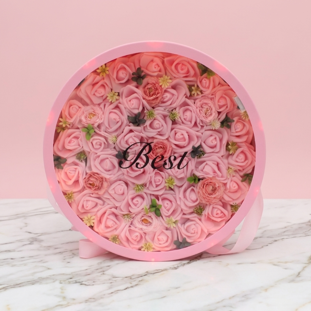 Round Rose Gift Box with LED Lights | Artificial Flower Gift Box