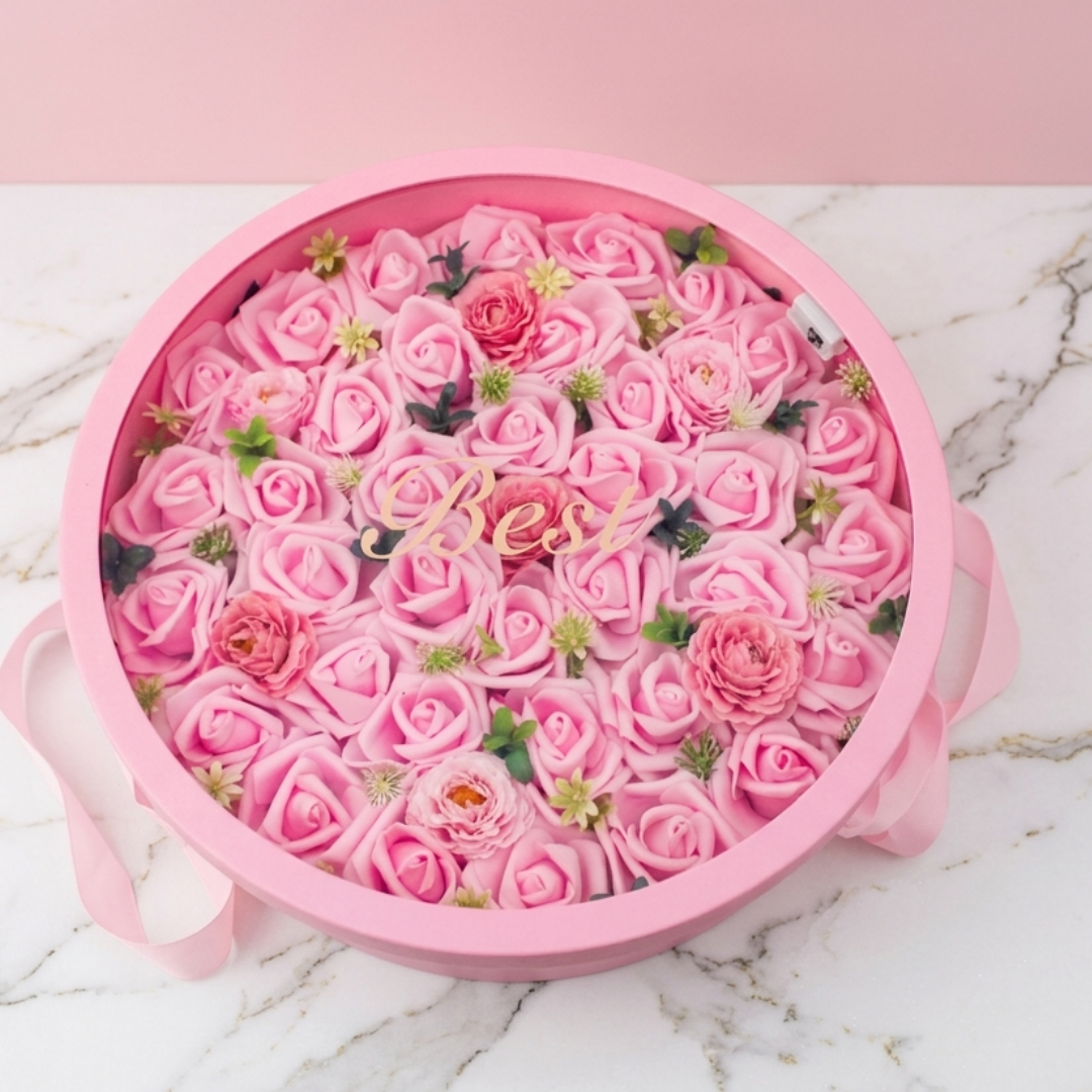 Round Rose Gift Box with LED Lights | Artificial Flower Gift Box