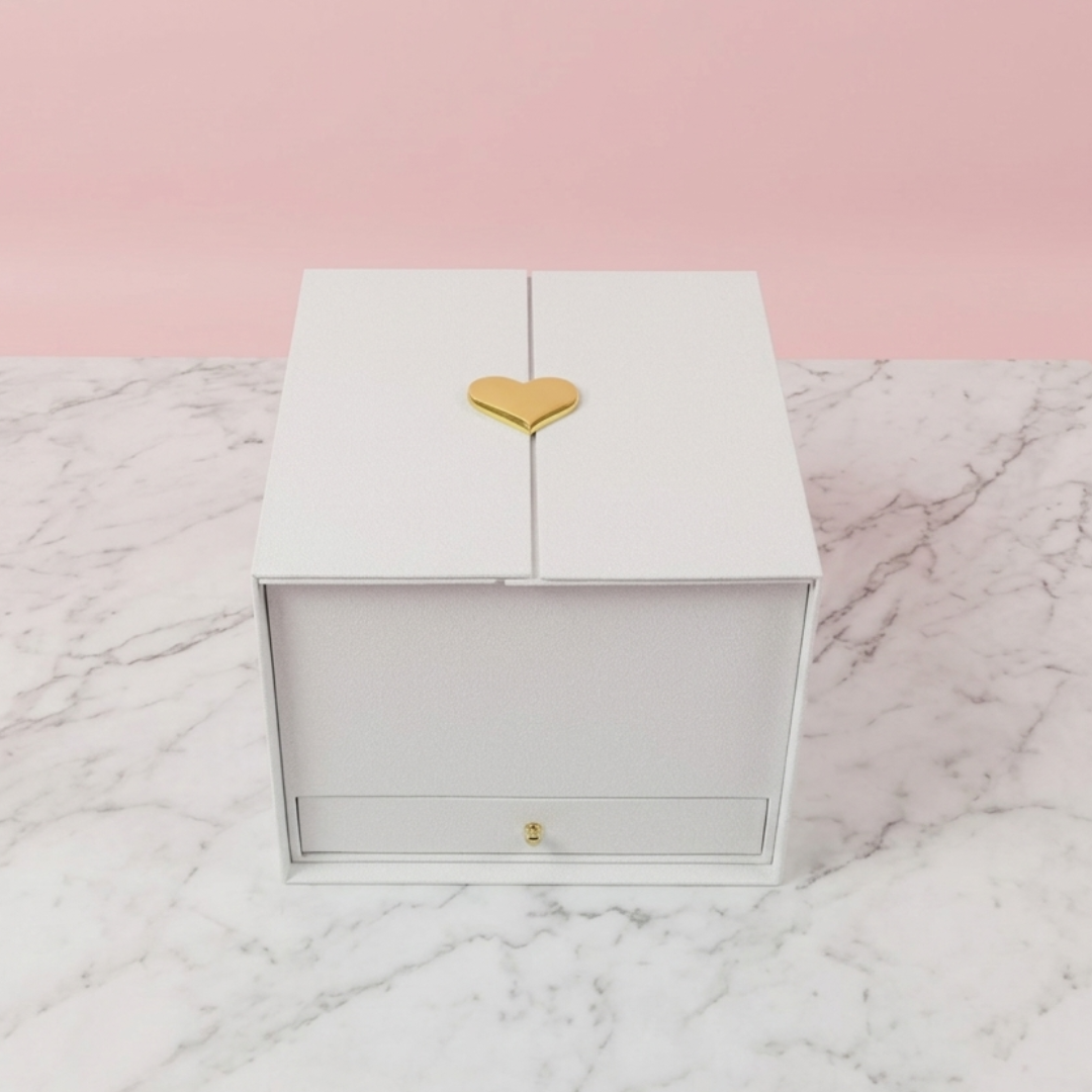 Square Surprise Flower Box with Heart Top & Chocolate Drawer