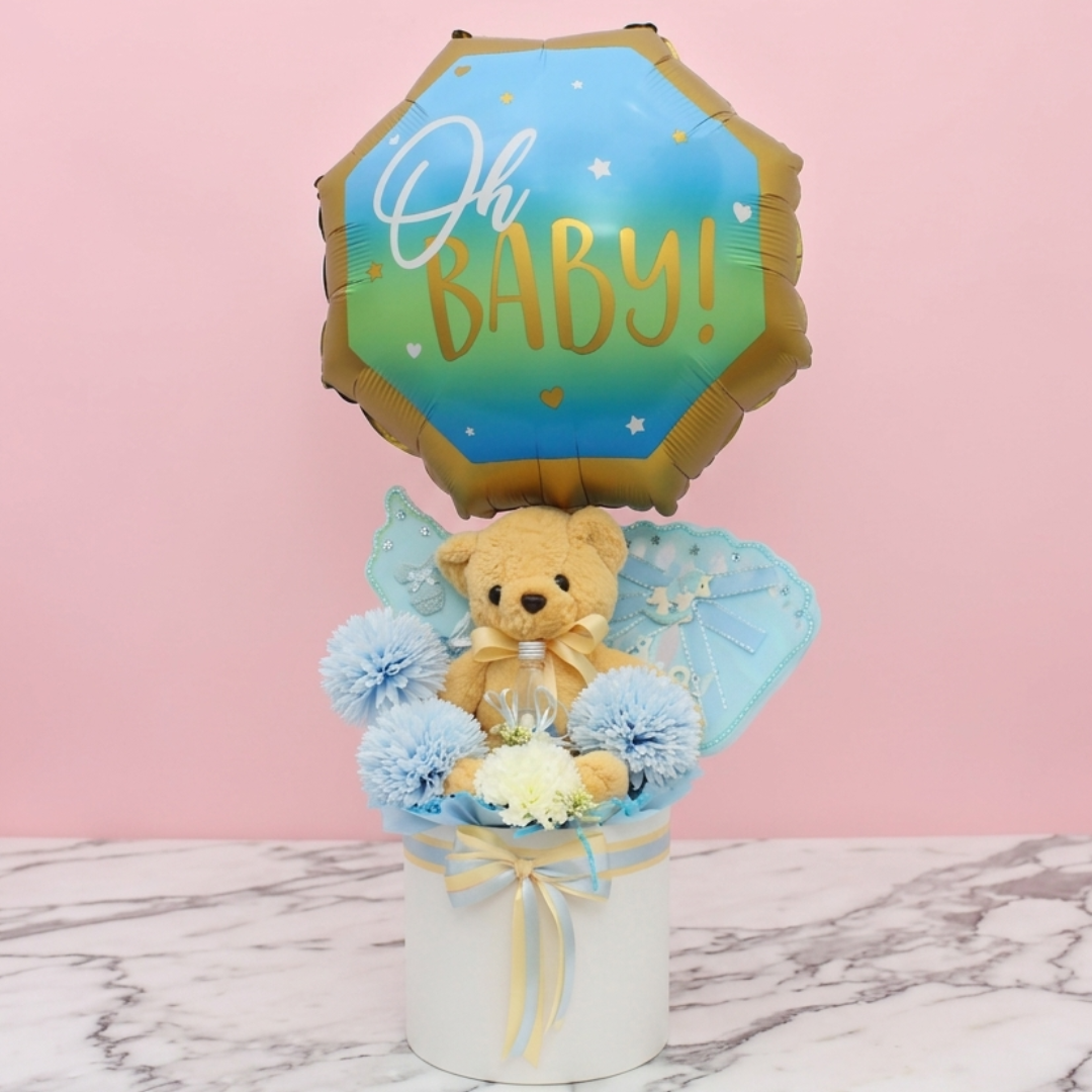 “Oh Baby” Air Balloon Gift Set with Teddy Bear & Flowers for Baby Boy