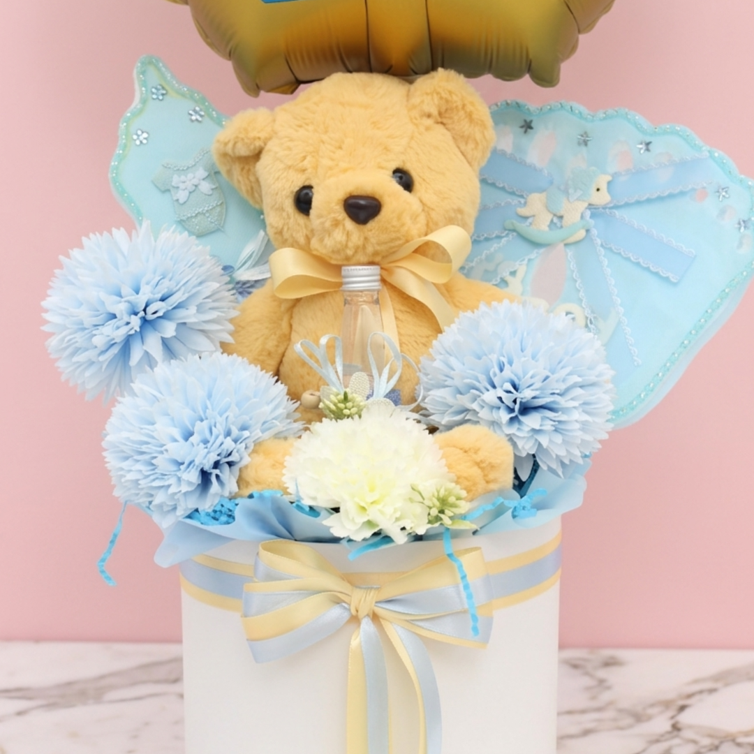 “Oh Baby” Air Balloon Gift Set with Teddy Bear & Flowers for Baby Boy
