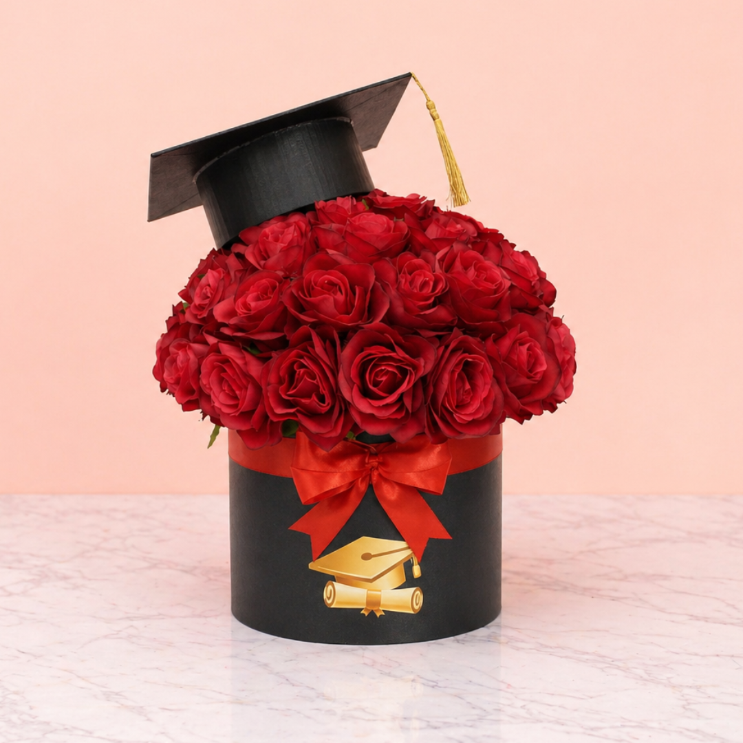 Graduation Gift Box Bouquet with Artificial Red Roses & Cap