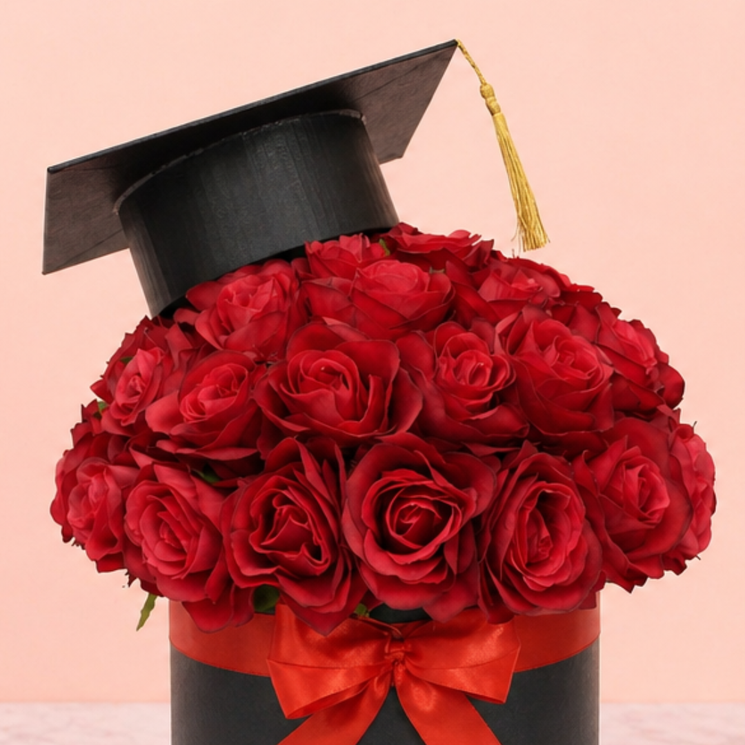 Graduation Gift Box Bouquet with Artificial Red Roses & Cap