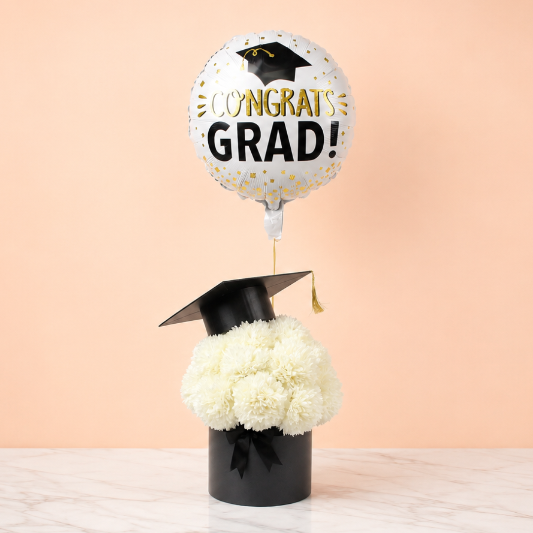 Graduation Gift Box with White Carnations & Congrats Grad Helium Balloon