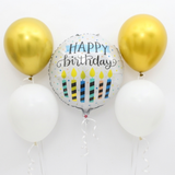 5-Piece White & Gold Happy Birthday Balloon Bouquet with Candle Design