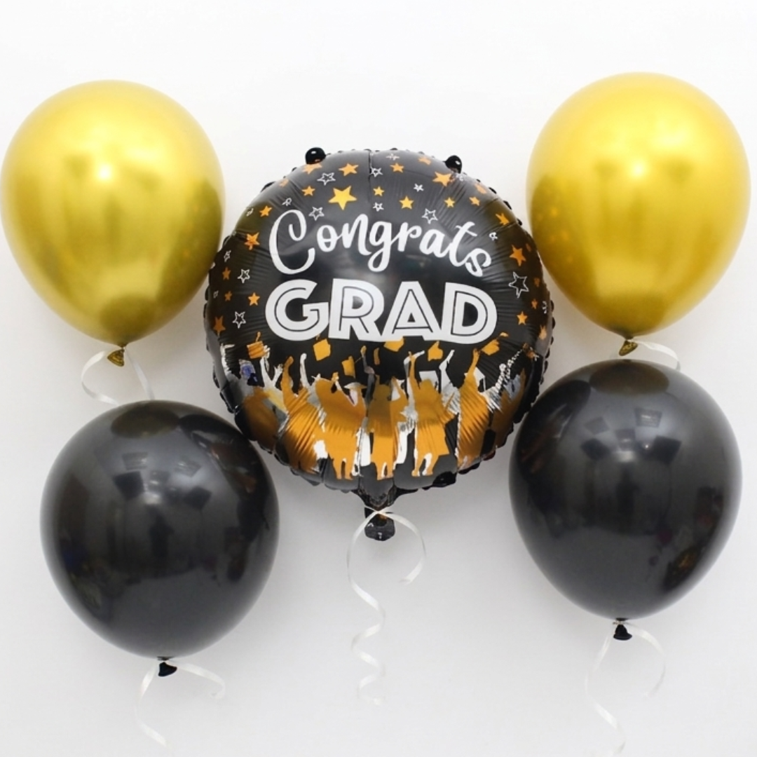 5-Piece Black & Gold “Congrats Grad” Graduation Balloon Bouquet