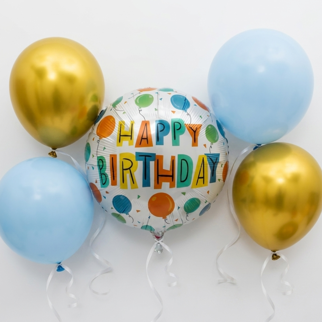 5-Piece Blue & Gold Birthday Balloon Arrangement | Air or Helium