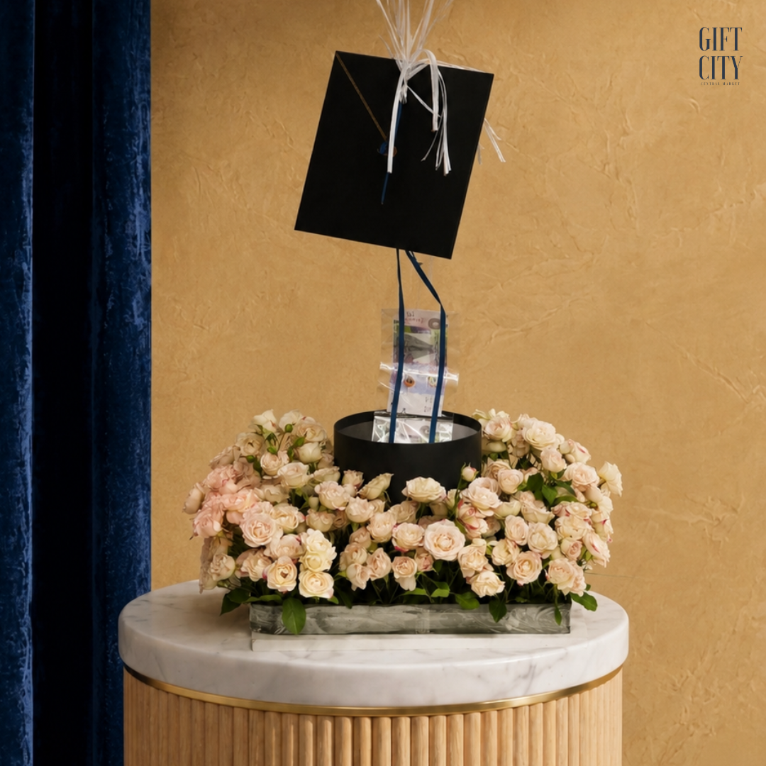 Graduation Flower Box with Money Pull & Graduation Cap Topper