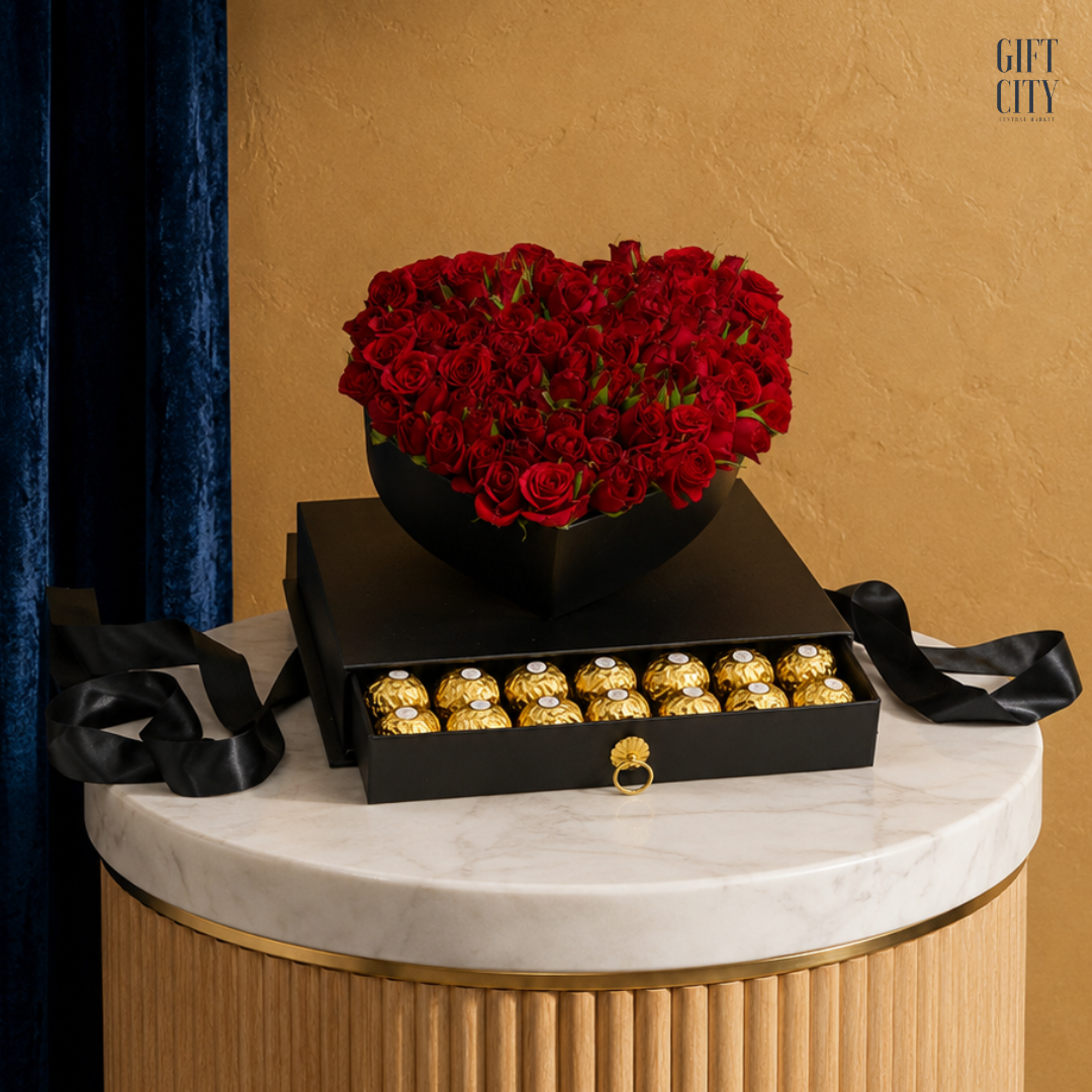 Heart-Shaped Red Rose & Ferrero Rocher Box Gift Set